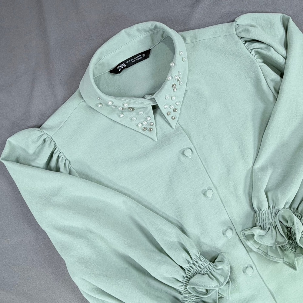 Zara Womens XS Mint Green Pearl Rhinestone Collar Puff Sleeve Button Up Blouse - Picture 4 of 8